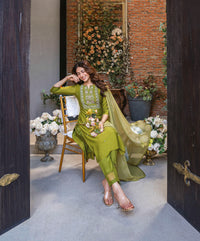 Thumbnail for GREEN PURE HAND WORK VISCOSE MODAL KURTI PANT WITH NAZMIN (tie die) DUPATTA