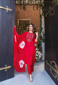 Thumbnail for RED PURE HAND WORK VISCOSE MODAL KURTI PANT WITH NAZMIN (tie die) DUPATTA
