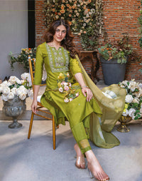 Thumbnail for GREEN PURE HAND WORK VISCOSE MODAL KURTI PANT WITH NAZMIN (tie die) DUPATTA