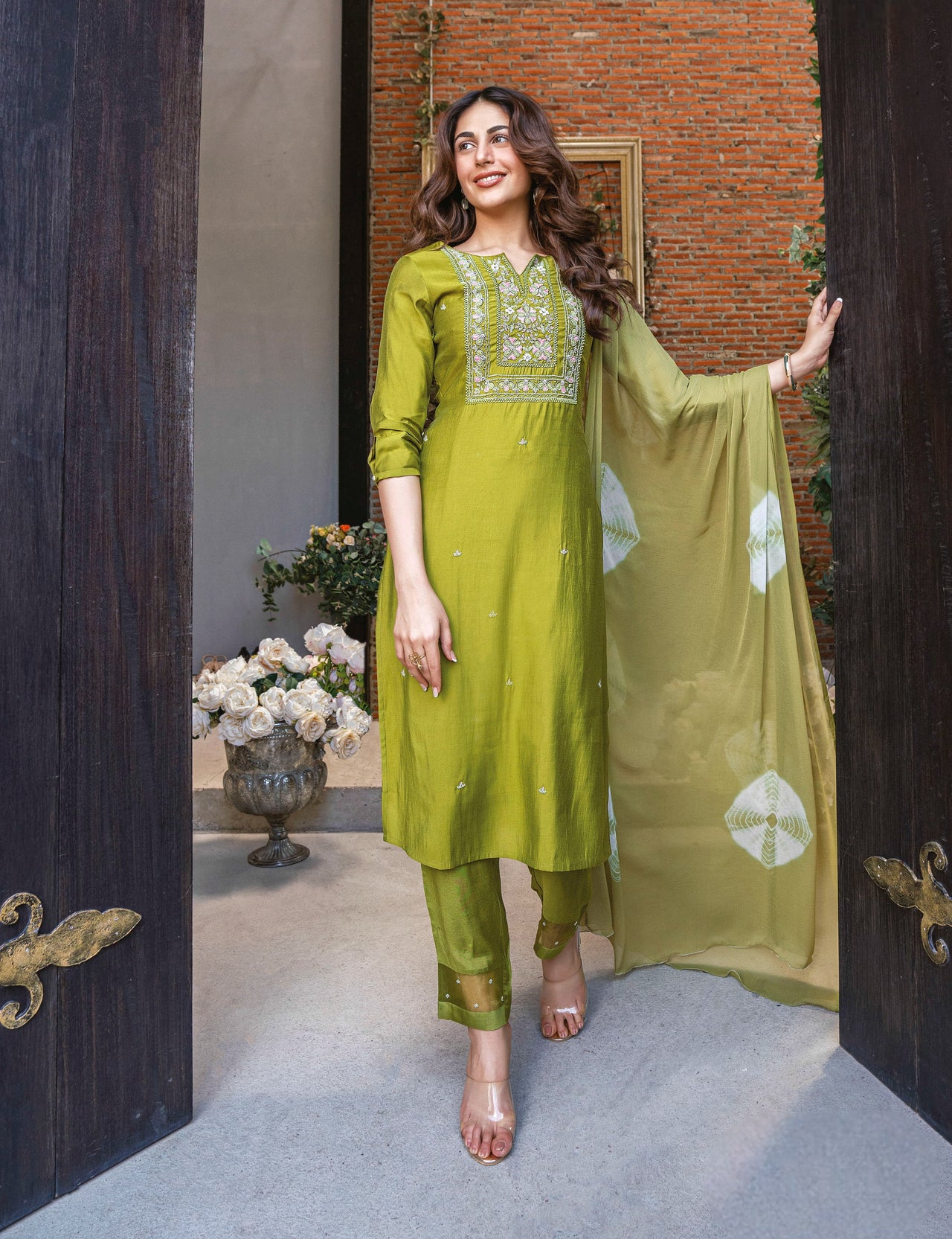 GREEN PURE HAND WORK VISCOSE MODAL KURTI PANT WITH NAZMIN (tie die) DUPATTA