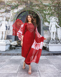 Thumbnail for MAROON PURE HAND WORK VISCOSE MODAL KURTI PANT WITH NAZMIN (tie die) DUPATTA