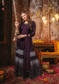 Thumbnail for PURPLE PURE CHINON CHIFFON DESIGNER KURTI, DIVIDER SKIRT WITH DUPATTA