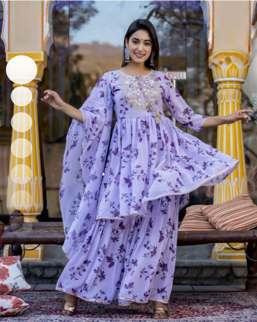 GEORGETTE SHARARA SET WITH EMBROIDERY AND BEADS WORK LAVENDER