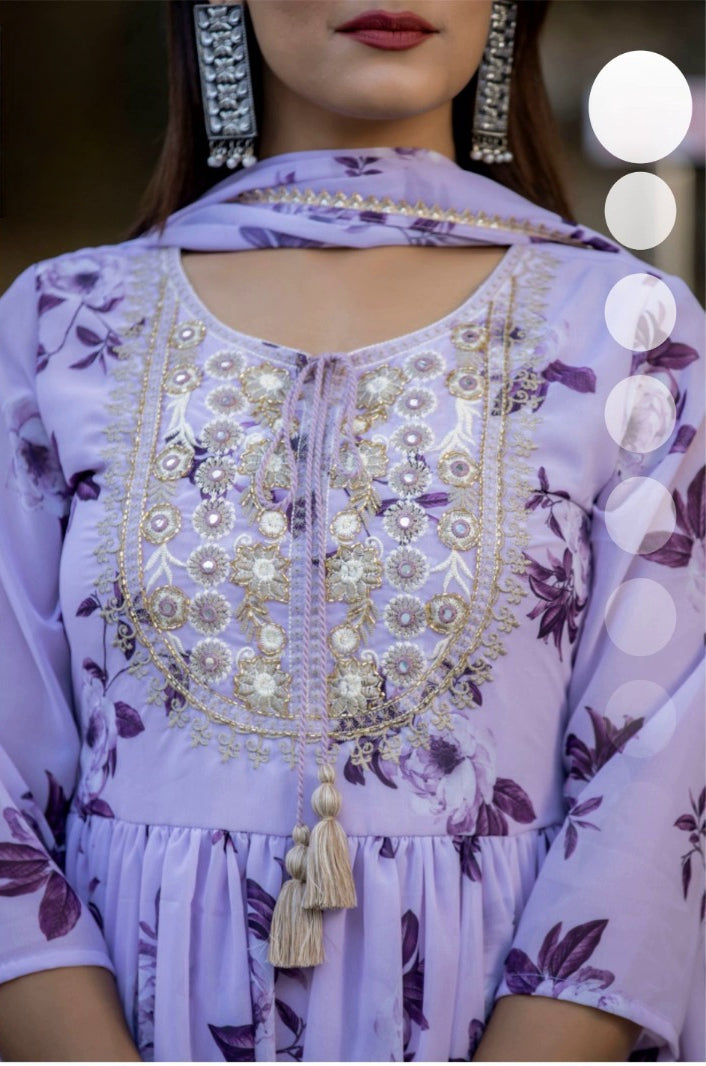 GEORGETTE SHARARA SET WITH EMBROIDERY AND BEADS WORK LAVENDER