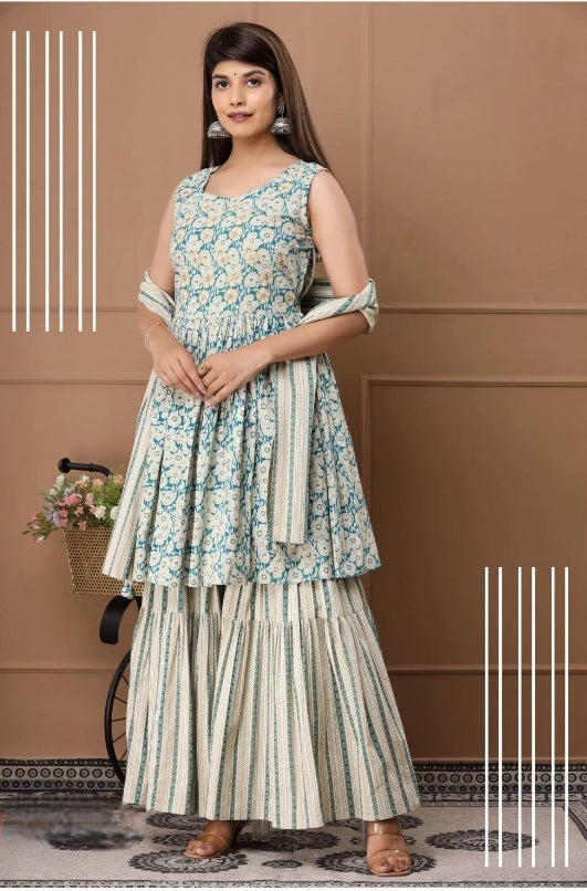 COTTON PEPLUM SHARARA SET WITH EMBROIDERY AND MIRROR WORK- SLEEVES ATTACHED