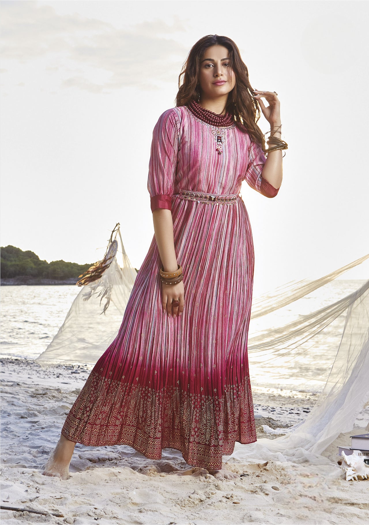 PINK PURE GEORGETTE DESIGNER ONE PIECE WITH LEHERIYA BANDHANI HANDWORK AND SATIN STRIPS