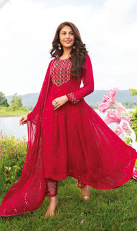 Thumbnail for PURE VISCOSE GEORGETTE EMBROIDERED HIGH-LOW ANARKALI DRESS WITH EXCLUSIVE PANT & HEAVY DUPATTA