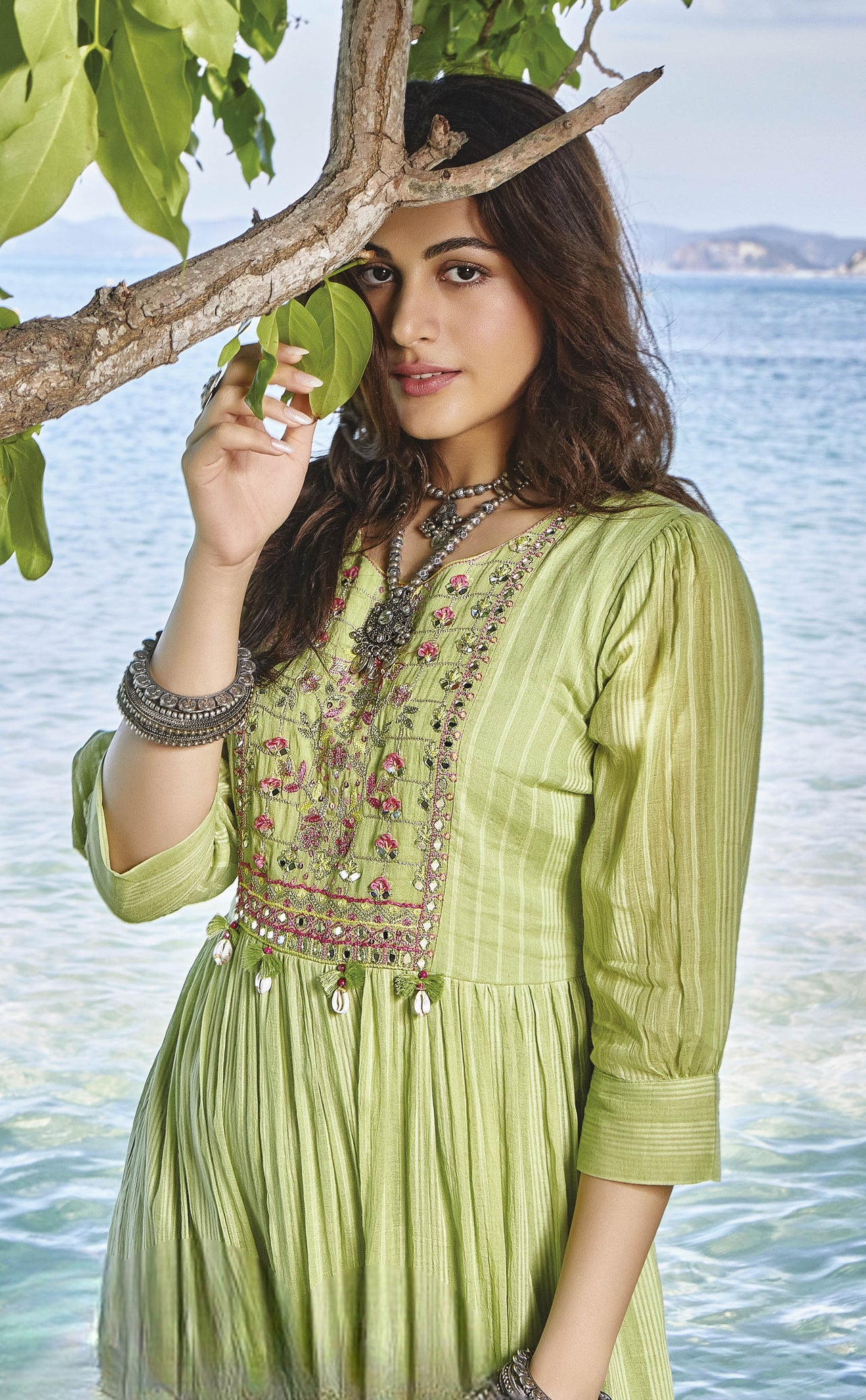 GREEN MUL COTTON GOWN WITH BEAUTIFUL EMBROIDERY AND MIRRORWORK