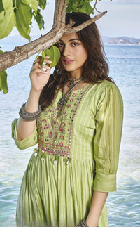 Thumbnail for GREEN MUL COTTON GOWN WITH BEAUTIFUL EMBROIDERY AND MIRRORWORK