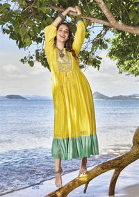 Thumbnail for YELLOW MUL COTTON GOWN WITH BEAUTIFUL EMBROIDERY AND MIRRORWORK