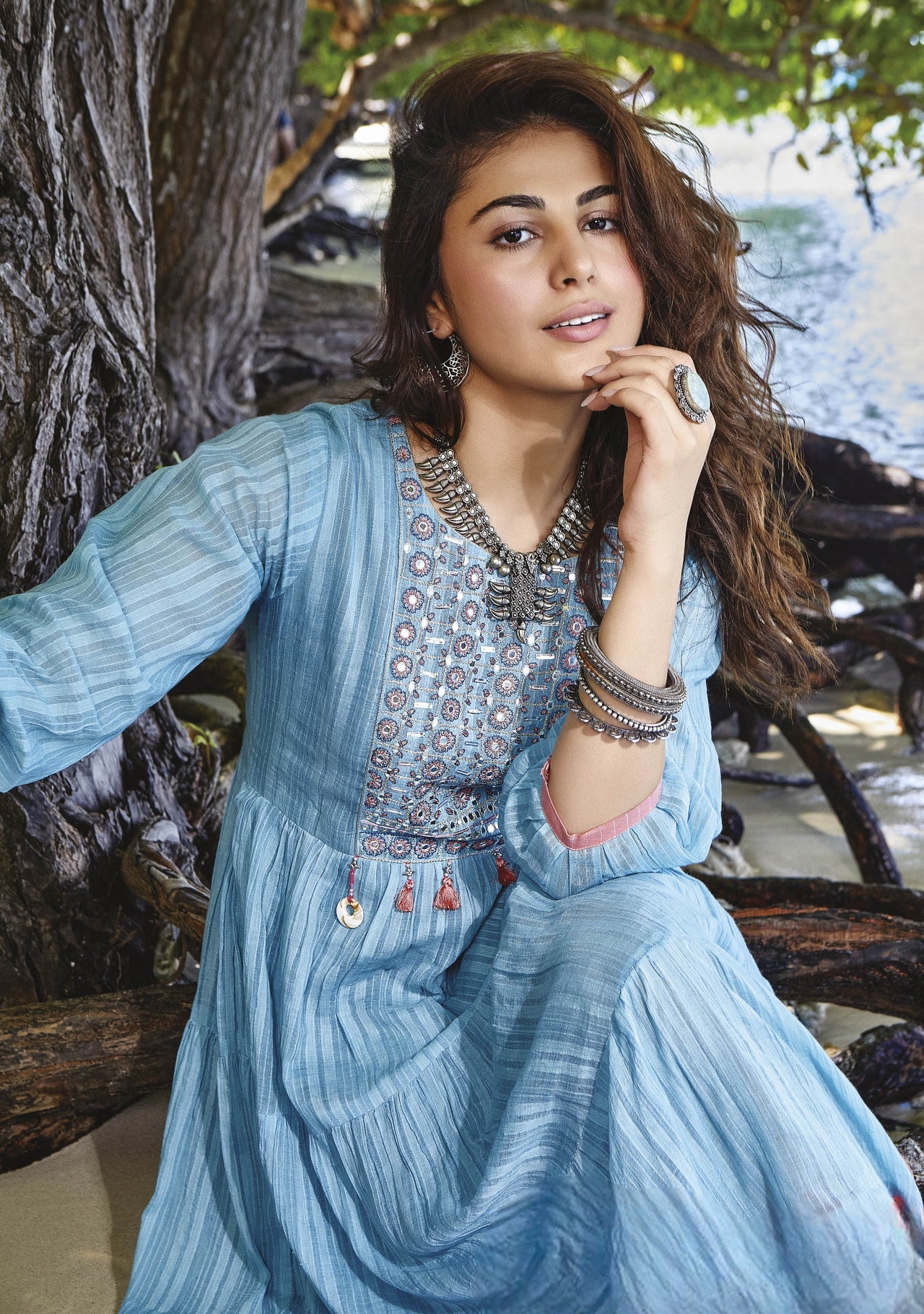 LIGHT BLUE MUL COTTON GOWN WITH BEAUTIFUL EMBROIDERY AND MIRRORWORK