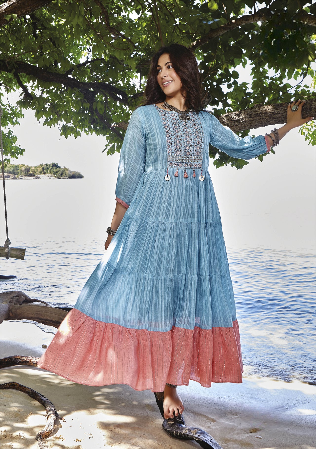 LIGHT BLUE MUL COTTON GOWN WITH BEAUTIFUL EMBROIDERY AND MIRRORWORK