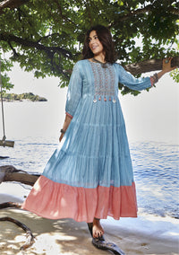 Thumbnail for LIGHT BLUE MUL COTTON GOWN WITH BEAUTIFUL EMBROIDERY AND MIRRORWORK