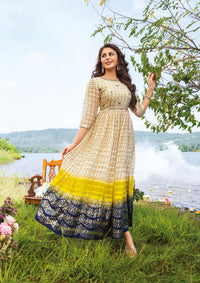 Thumbnail for CREAM PURE GEORGETTE FLARED DESIGNER GOWN WITH SATIN STRIPS
