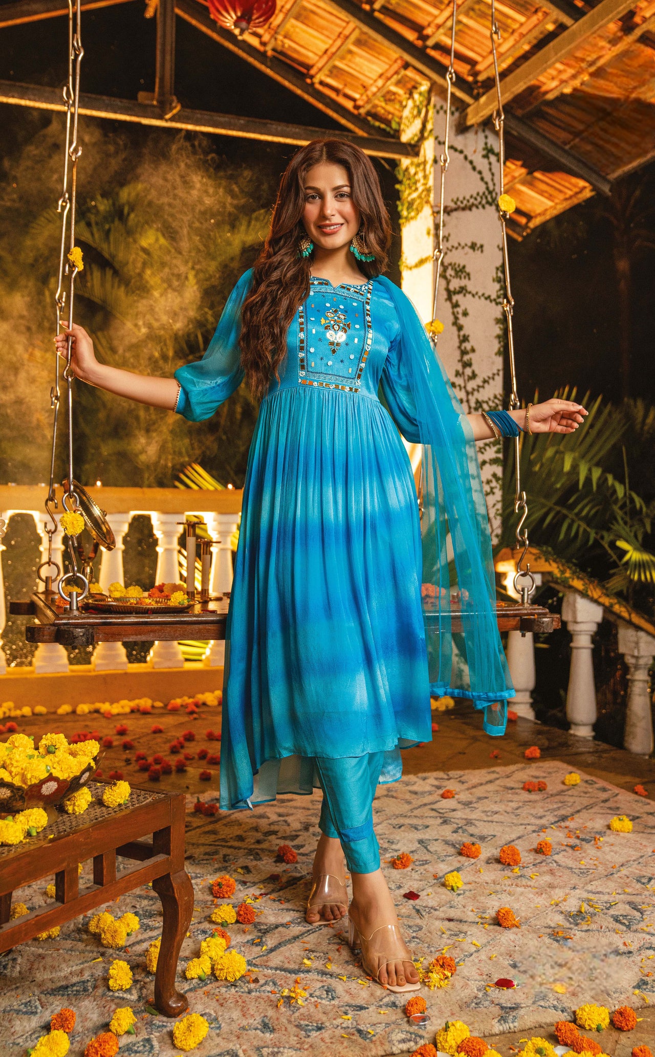 PURE CHINON CHIFFON HIGH-LOW ANARKALI DRESS WITH EXCLUSIVE PANT & DUPATTA