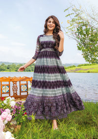 Thumbnail for PURPLE PURE GEORGETTE FLARED DESIGNER GOWN WITH SATIN STRIPS
