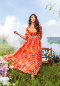 Thumbnail for ORANGE PURE GEORGETTE FLARED DESIGNER GOWN WITH SATIN STRIPS