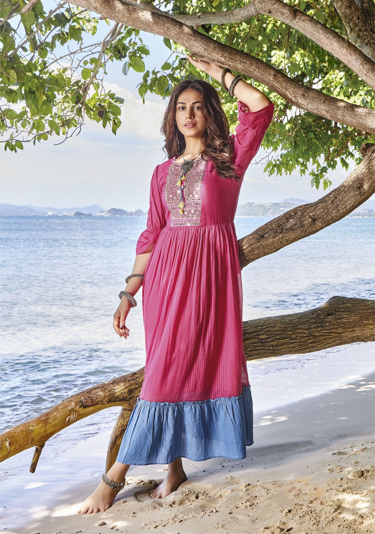 PINK MUL COTTON GOWN WITH BEAUTIFUL EMBROIDERY AND MIRRORWORK