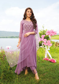Thumbnail for PURE VISCOSE GEORGETTE EMBROIDERED HIGH-LOW ANARKALI DRESS WITH EXCLUSIVE PANT & HEAVY DUPATTA