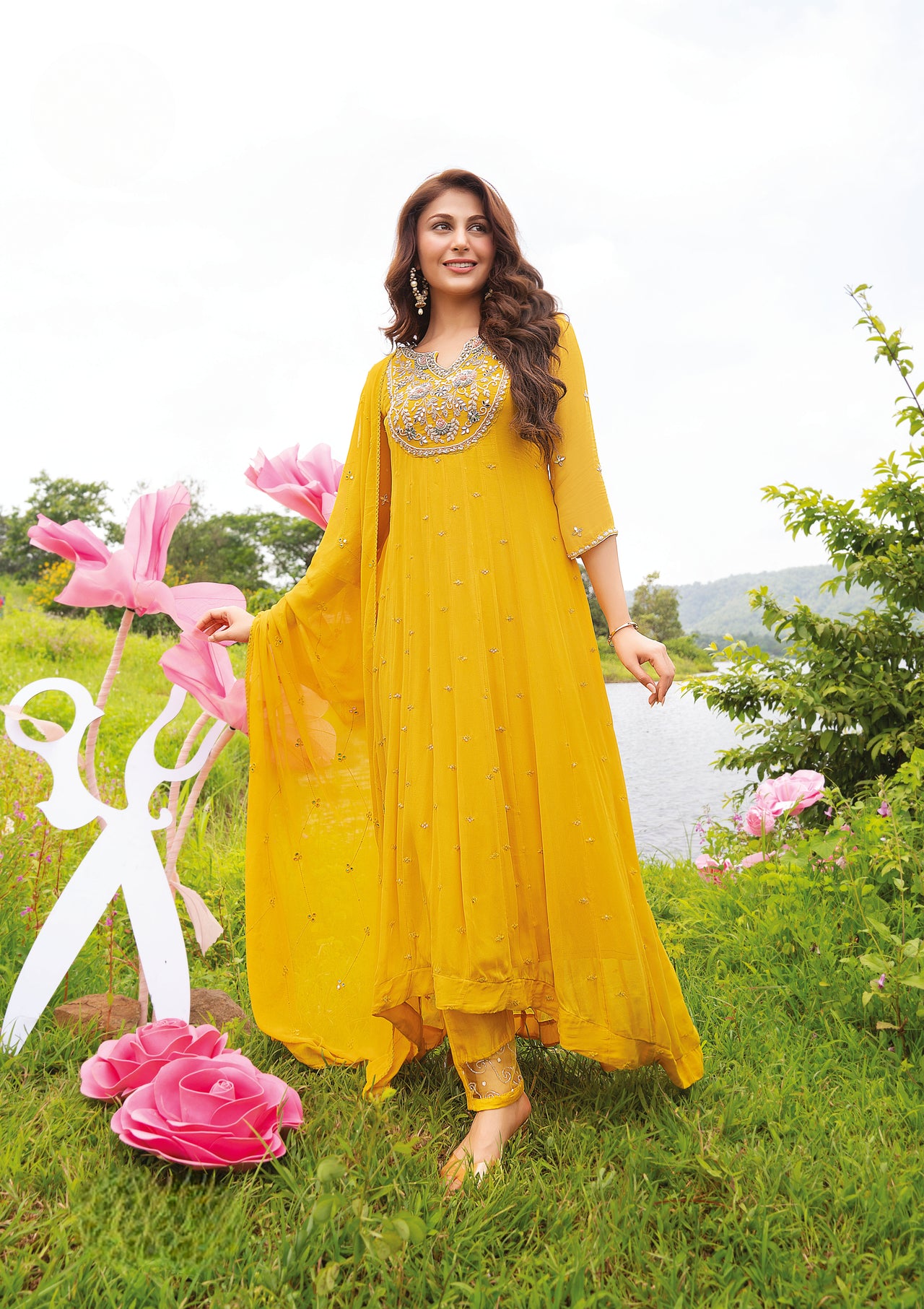 PURE VISCOSE GEORGETTE EMBROIDERED HIGH-LOW ANARKALI DRESS WITH EXCLUSIVE PANT & HEAVY DUPATTA
