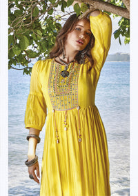 Thumbnail for YELLOW MUL COTTON GOWN WITH BEAUTIFUL EMBROIDERY AND MIRRORWORK