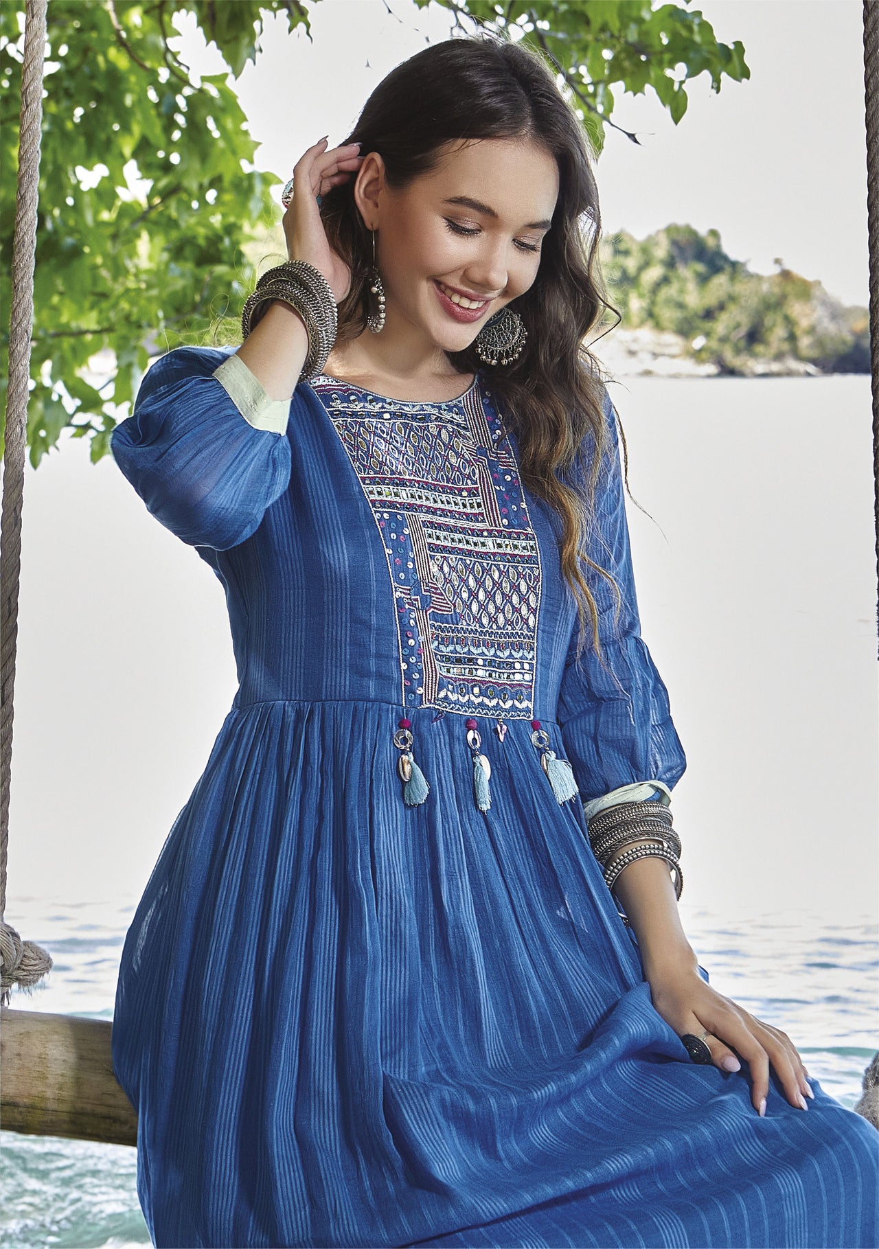 DARK BLUE MUL COTTON GOWN WITH BEAUTIFUL EMBROIDERY AND MIRRORWORK