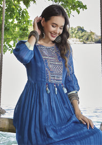 Thumbnail for DARK BLUE MUL COTTON GOWN WITH BEAUTIFUL EMBROIDERY AND MIRRORWORK