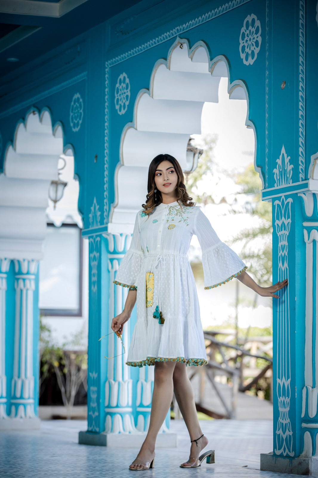 COTTON DESIGNER WHITE SHORT DRESS WITH HAND PAINT BRUSH CHIKANKARI EMBROIDERY AND POMPOM DETAILING
