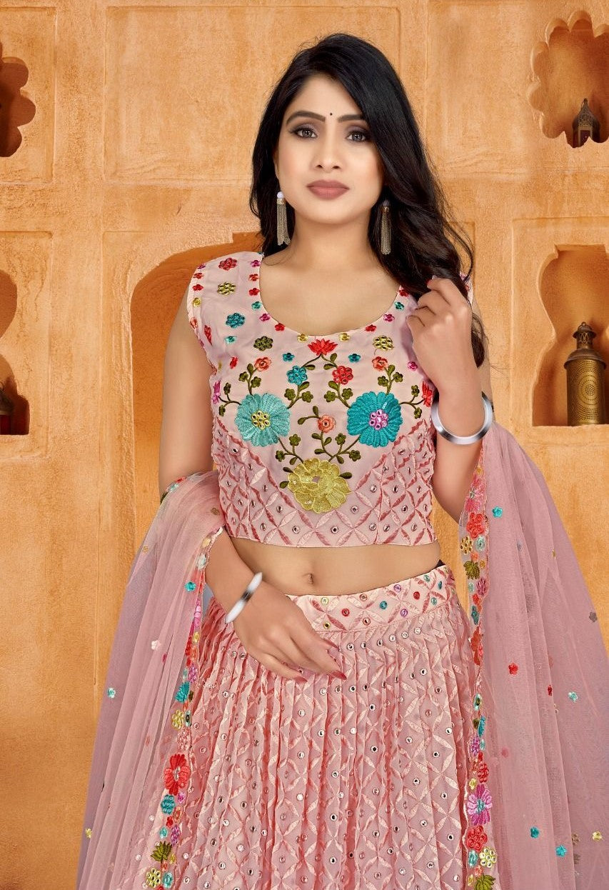 PINK PURE GEORGETTE VISCOSE EMBROIDERY LEHENGA CHOLI SET WITH DUPATTA