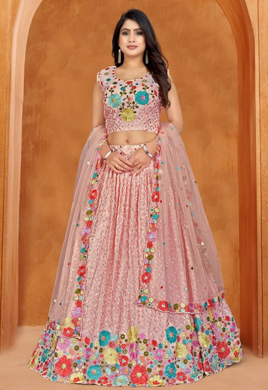 PINK PURE GEORGETTE VISCOSE EMBROIDERY LEHENGA CHOLI SET WITH DUPATTA