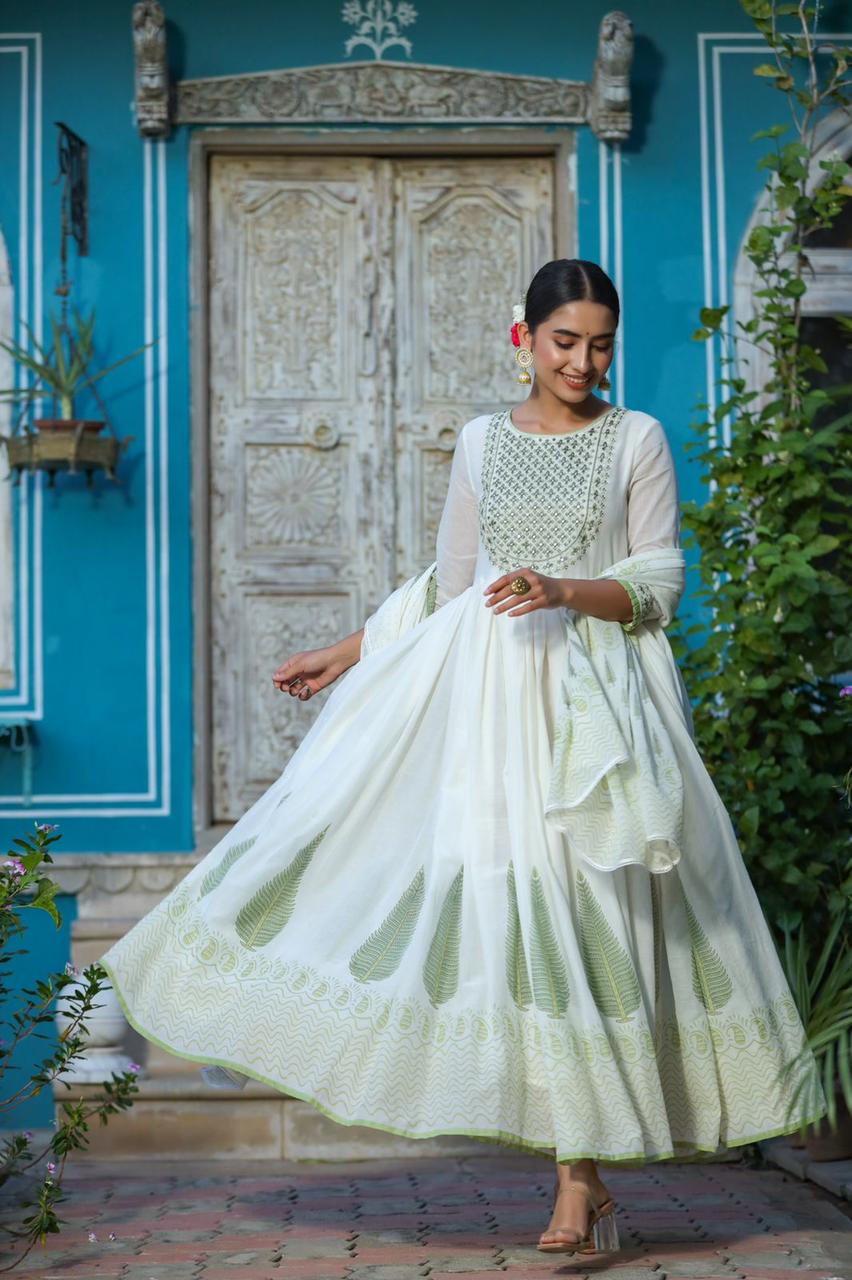 MAL COTTON GOWN WITH EMBROIDERY, ZARI & MIRROR WORK COMES WITH DUPATTA