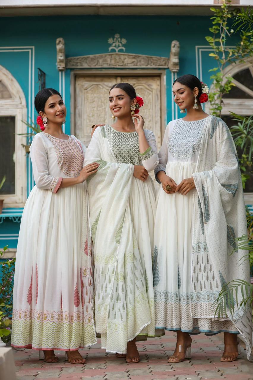MAL COTTON GOWN WITH EMBROIDERY, ZARI & MIRROR WORK COMES WITH DUPATTA